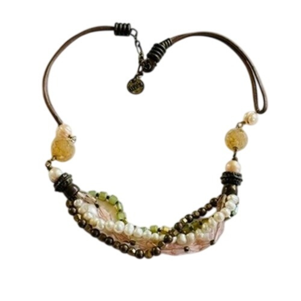 Lizou France Leather Necklace Pearl Beaded Glass Multi Layered Designer 19" BOHO